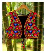 Black Base Multicolored Half Flower Pattern Short Cotton Kutch Embroidered Koti