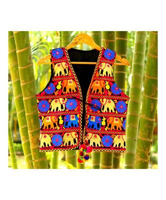 Blue And Yellow Elephant Pattern Kutch Embroidered Long Cotton Koti With Pompom Tassel Koti 1