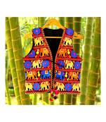 Blue And Yellow Elephant Pattern Kutch Embroidered Long Cotton Koti With Pompom Tassel Koti