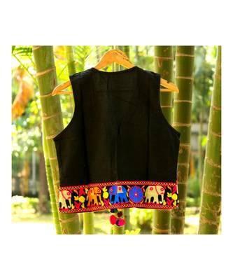 Blue And Yellow Elephant Pattern Kutch Embroidered Long Cotton Koti With Pompom Tassel Koti 2