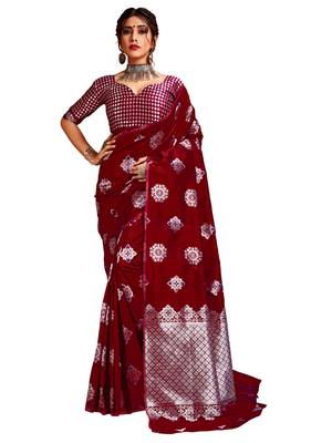 Red woven banarasi silk saree with blouse 1