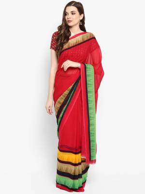 Blood red printed georgette saree with blouse 1