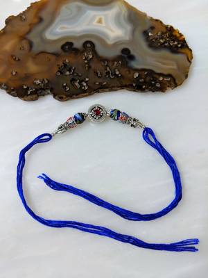 Tibetan Designer Silver Plated Blue Gemstone Multicolor Thread Rakhi For Brother 1