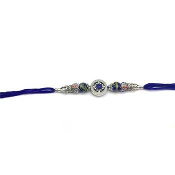 Tibetan Designer Silver Plated Blue Gemstone Multicolor Thread Rakhi For Brother 2
