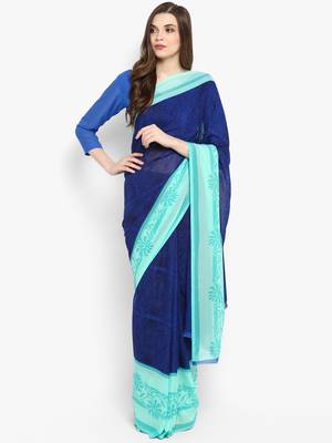 Navy blue printed georgette saree with blouse 1