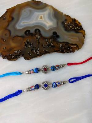 Set Of 2 Silver Tibetan Designer Multicolor Gemstone Thread Rakhi For Brother 1