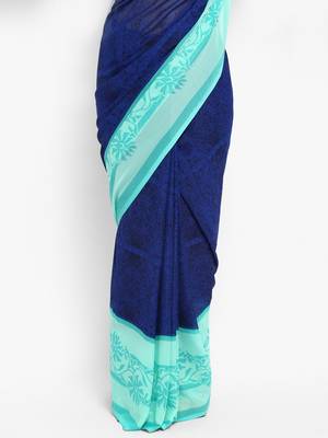 Navy blue printed georgette saree with blouse 5