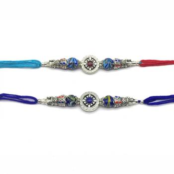 Set Of 2 Silver Tibetan Designer Multicolor Gemstone Thread Rakhi For Brother 2