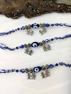 Set Of 3 Navy Blue Evil Eye With Silver Beads Brother&Sister Pendant Multicolor Thread Rakhi For Men/Bhaiya 1