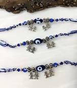 Set Of 3 Navy Blue Evil Eye With Silver Beads Brother&Sister Pendant Multicolor Thread Rakhi For Men/Bhaiya