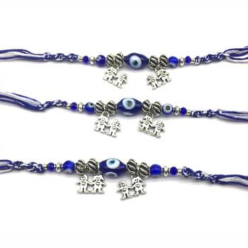 Set Of 3 Navy Blue Evil Eye With Silver Beads Brother&Sister Pendant Multicolor Thread Rakhi For Men/Bhaiya 2