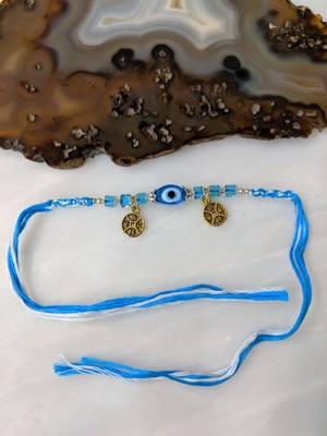 Blue Evil Eye Beads Gold Round Pendant Multicolor Thread Rakhi For Brother 1