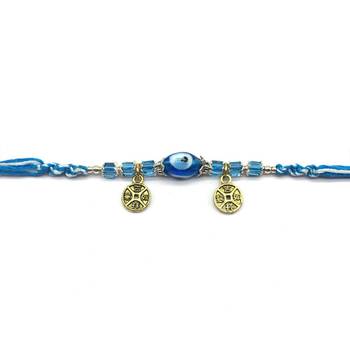 Blue Evil Eye Beads Gold Round Pendant Multicolor Thread Rakhi For Brother 2