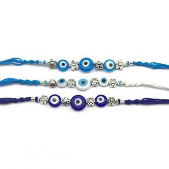 Set Of 3 White Blue Evil Eye Silver Flower Beads Multicolor Thread Rakhi For Brother 2