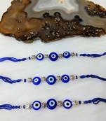 Set Of 3 Navy Blue Evil Eye Silver Flower Beads Multicolor Thread Rakhi For Brother