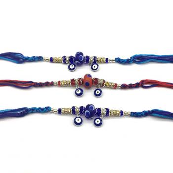 Set Of 3 Navy Blue Evil Eye Gold Ring Stone & Red Beads Multicolor Thread Rakhi For Men/ Brotherya 1