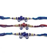 Set Of 3 Navy Blue Evil Eye Gold Ring Stone & Red Beads Multicolor Thread Rakhi For Men/ Brotherya