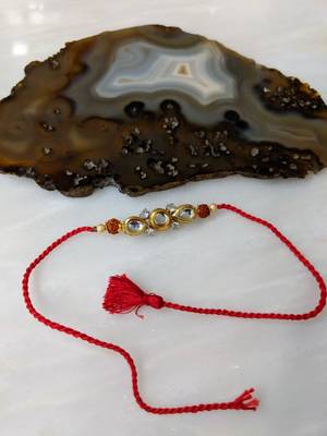 Kundan Designer Gold Plated Stone Rudraksha Beads Red Thread Rakhi For Brother 1