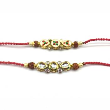 Set Of 2 Kundan Designer Gold Plated Stone Rudraksha Beads Red Thread Rakhi For Brother 1