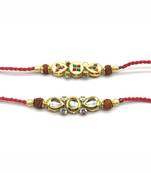 Set Of 2 Kundan Designer Gold Plated Stone Rudraksha Beads Red Thread Rakhi For Brother