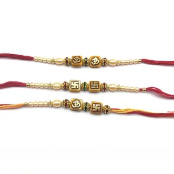 Set Of 3 Om & Swastik Designer Gold Stone Beads White Pearl Red Thread Rakhi For Brother 1