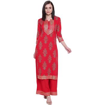 Red printed rayon kurta with palazzo 1