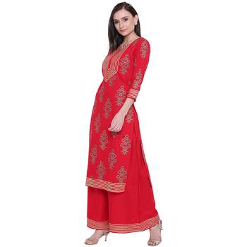 Red printed rayon kurta with palazzo 3