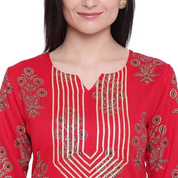 Red printed rayon kurta with palazzo 5