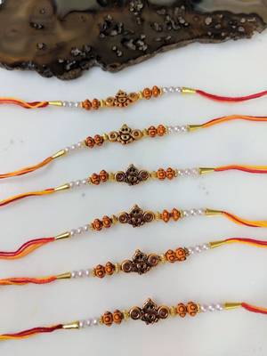 Set Of 6 Ganesh Ji Designer Gold Beads White Pearl Multicolor Thread Rakhi For Brother 1