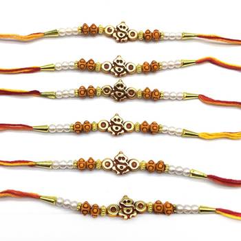 Set Of 6 Ganesh Ji Designer Gold Beads White Pearl Multicolor Thread Rakhi For Brother 2