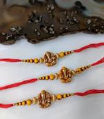 Set Of 3 Ganesh Ji Designer Gold Yellow Bead Multicolor Thread Rakhi For Brother