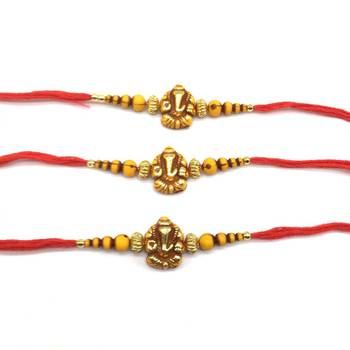 Set Of 3 Ganesh Ji Designer Gold Yellow Bead Multicolor Thread Rakhi For Brother 2