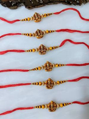 Set Of 6 Ganesh Ji Designer Gold Yellow Bead Multicolor Thread Rakhi For Brother 1