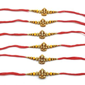 Set Of 6 Ganesh Ji Designer Gold Yellow Bead Multicolor Thread Rakhi For Brother 2