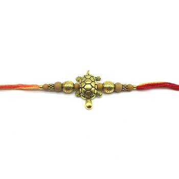 Gold Tortoise Designer Wooden Beads Multicolor Thread Rakhi For Brother 2