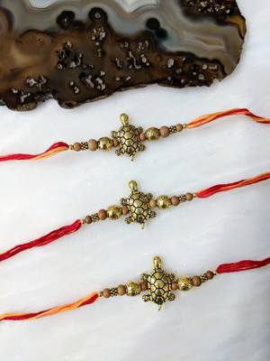 Set Of 3 Gold Tortoise Designer Wooden Beads Multicolor Thread Rakhi For Brother 1