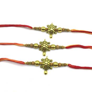 Set Of 3 Gold Tortoise Designer Wooden Beads Multicolor Thread Rakhi For Brother 2