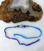 Flower Designer Silver Ring With Navy Blue Beads Thread Rakhi For Brother