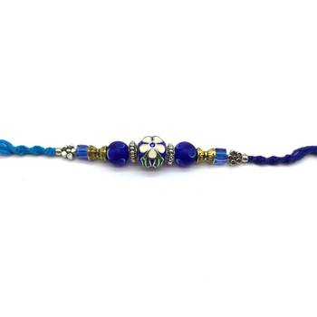 Flower Designer Silver Ring With Navy Blue Beads Thread Rakhi For Brother 2
