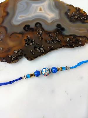 Flower Designer Silver Ring With Blue Beads Multicolor Thread Rakhi For Brother 1