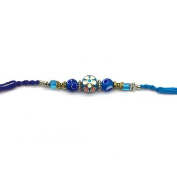 Flower Designer Silver Ring With Blue Beads Multicolor Thread Rakhi For Brother 2
