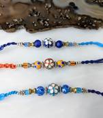 Set Of 3 Flower Designer Silver Ring With Multicolor Beads Thread Rakhi For Brother