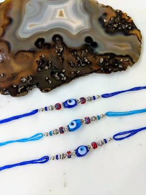 Set Of 3 Navy Blue Evil Eye Red Stone Silver Beads Thread Rakhi For Brother 1