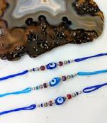 Set Of 3 Navy Blue Evil Eye Red Stone Silver Beads Thread Rakhi For Brother