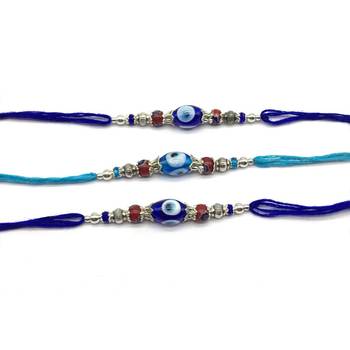 Set Of 3 Navy Blue Evil Eye Red Stone Silver Beads Thread Rakhi For Brother 2