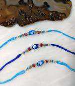 Set Of 3 Navy Blue Evil Eye Red Stone Silver Beads Thread Rakhi For Brother