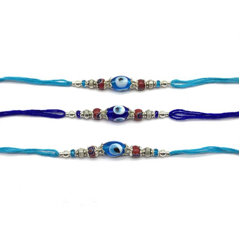 Set Of 3 Navy Blue Evil Eye Red Stone Silver Beads Thread Rakhi For Brother