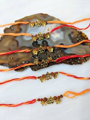 Set Of 6 Gold Ganesh Ji With Flower Rudraksha Beads Multicolor Thread Rakhi For Brother 1