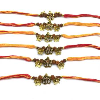 Set Of 6 Gold Ganesh Ji With Flower Rudraksha Beads Multicolor Thread Rakhi For Brother 2