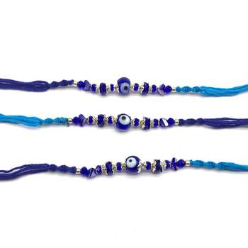 Set Of 3 Navy Blue Evil Eye Beads Multicolor Thread Designer Rakhi For Brother 2